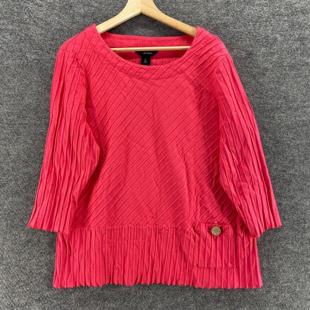 Ali Miles Blouse Women XL Pink Long Sleeve Round Neck Pockets Cotton Pullover